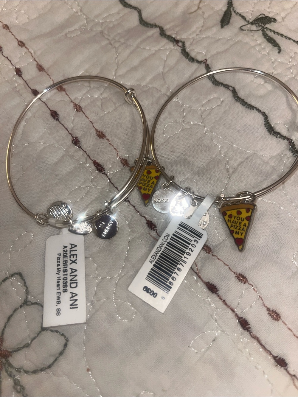 Alex and Ani Silver Bangle Bracelets with Yellow Pizza Slice Charms